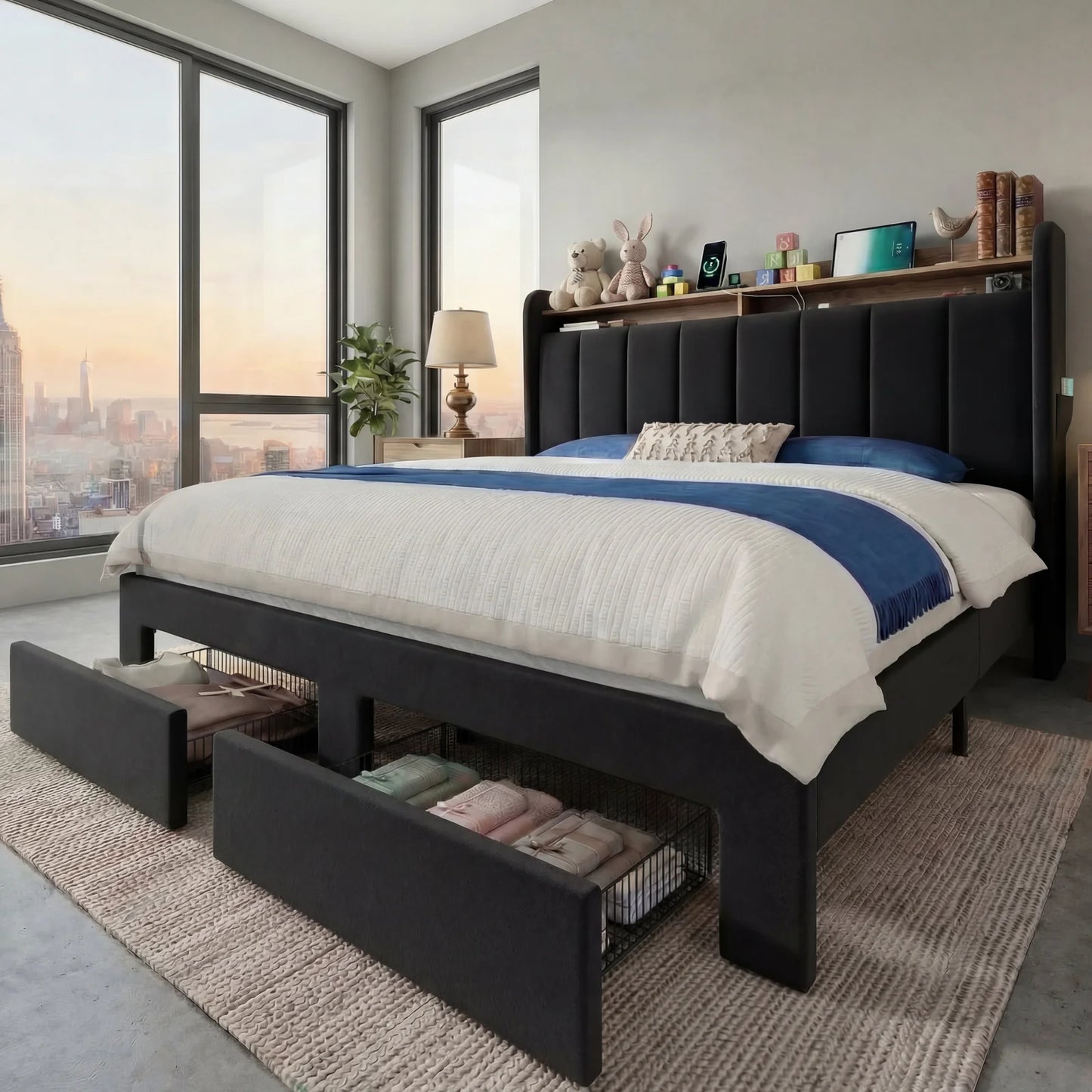 HOOMIC Bed Frame With LED Lights 2 Storage Drawers Shelves No Box Spring Needed