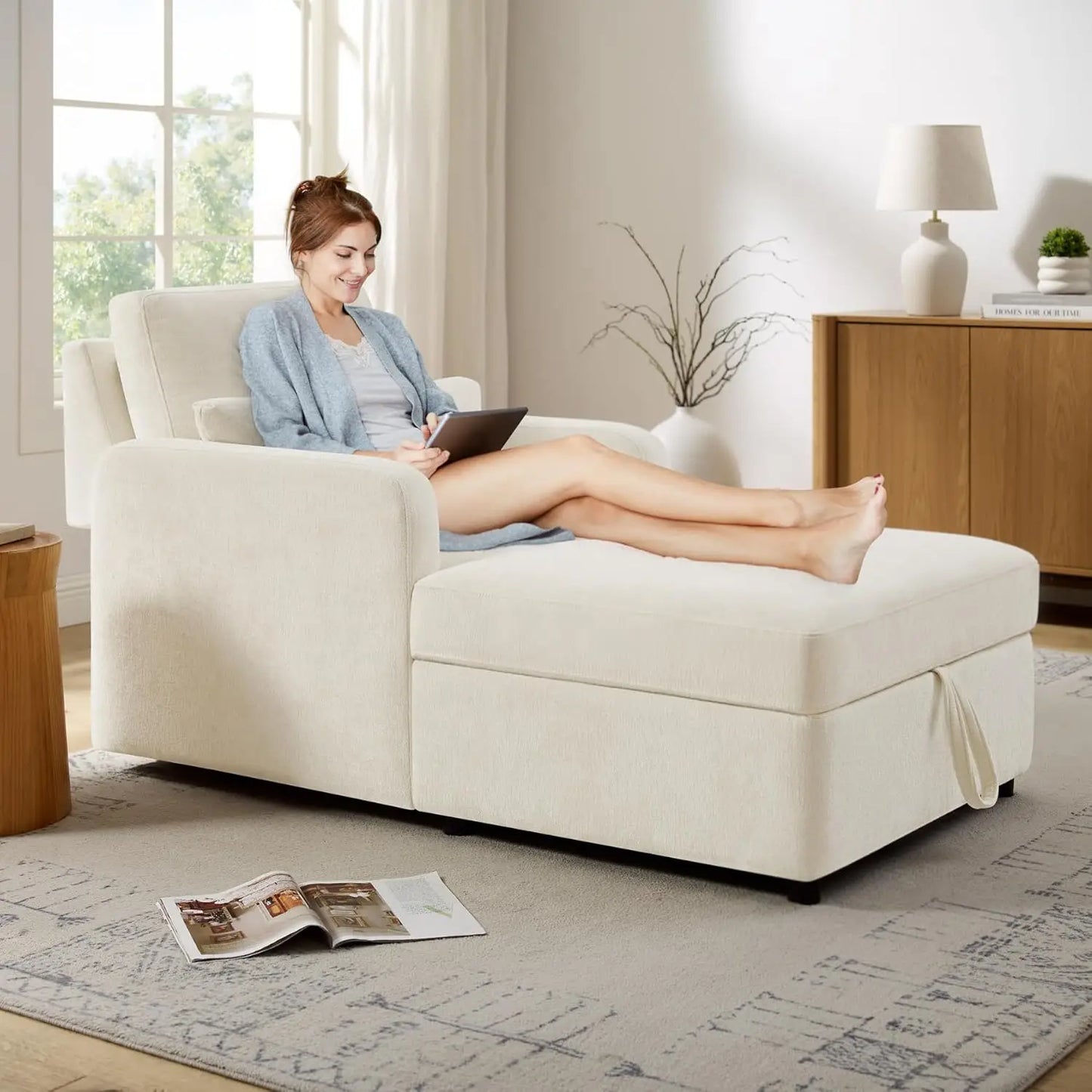 Chenille Chaise Lounge Chair Indoor With Adjustable Backrest And Storage