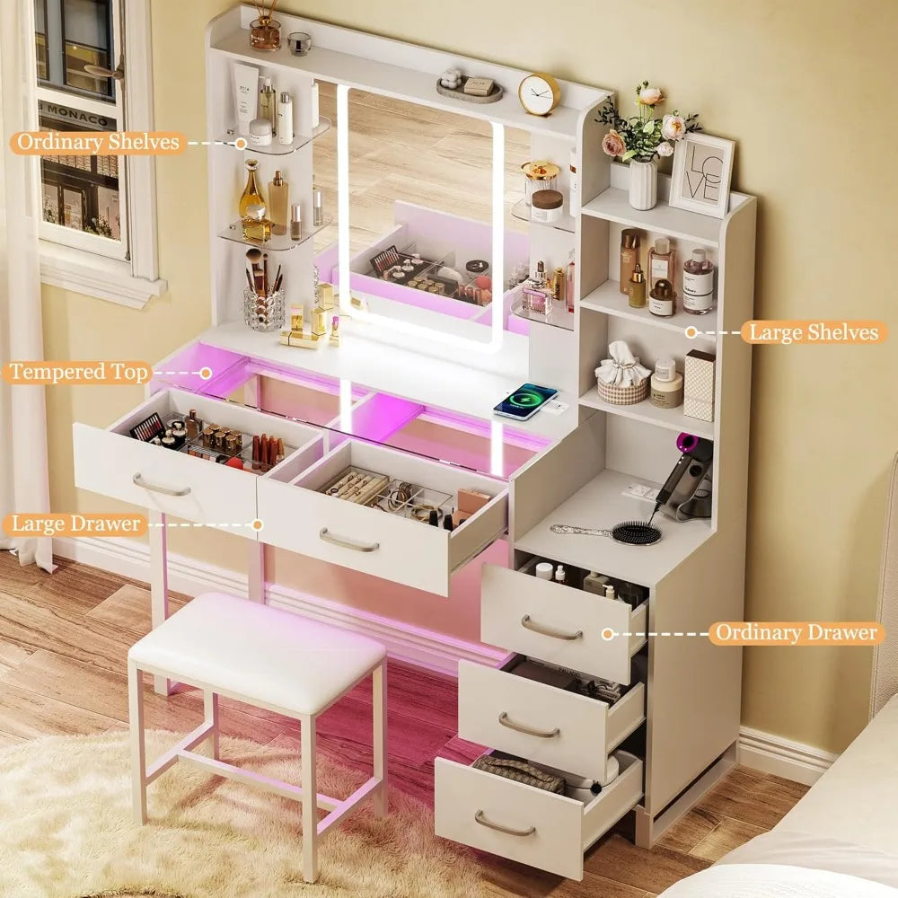 Glass Top Vanity Desk With LED Mirror And RGB Drawers