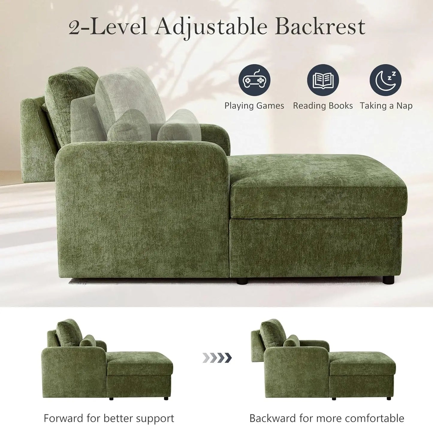 Chenille Chaise Lounge Chair Indoor With Adjustable Backrest And Storage