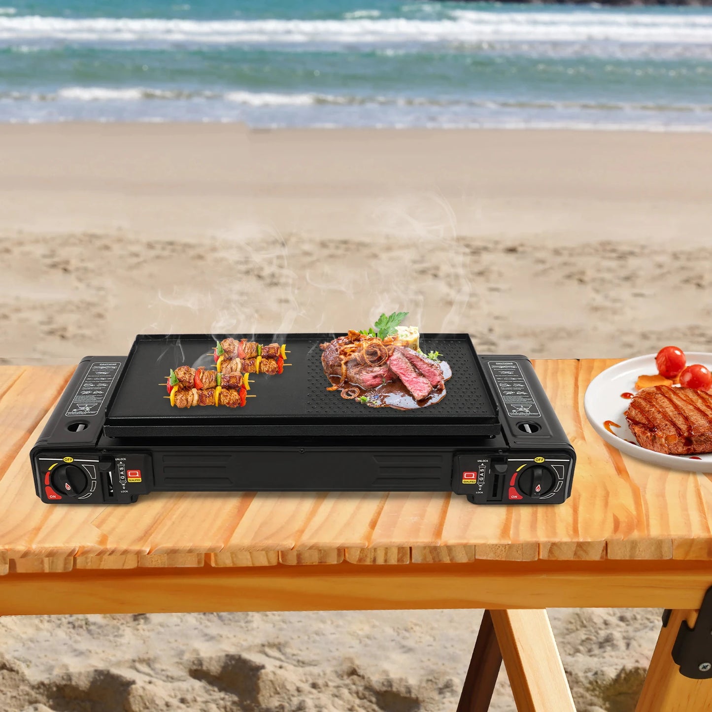 2500W Portable Camping Stove With 2 Burners And Baking Tray