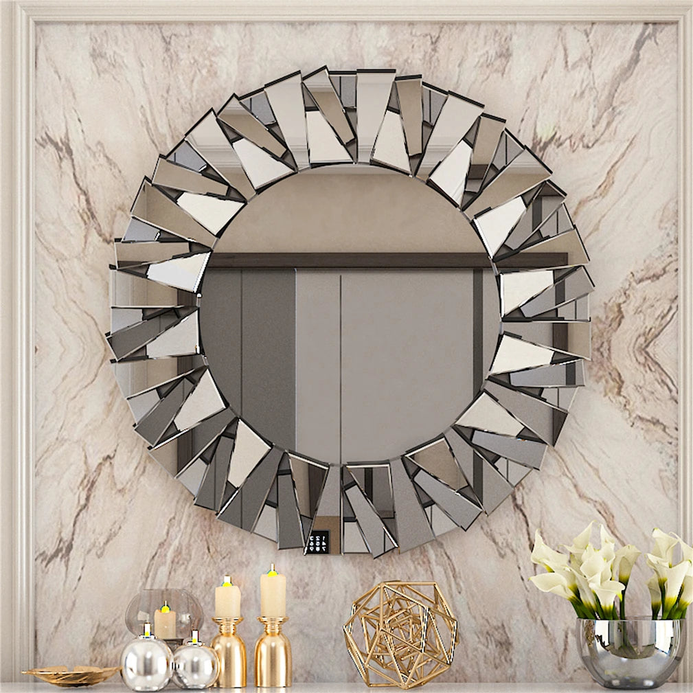 Sunburst Decorative Round Wall Mirror Silver Beveled Glass