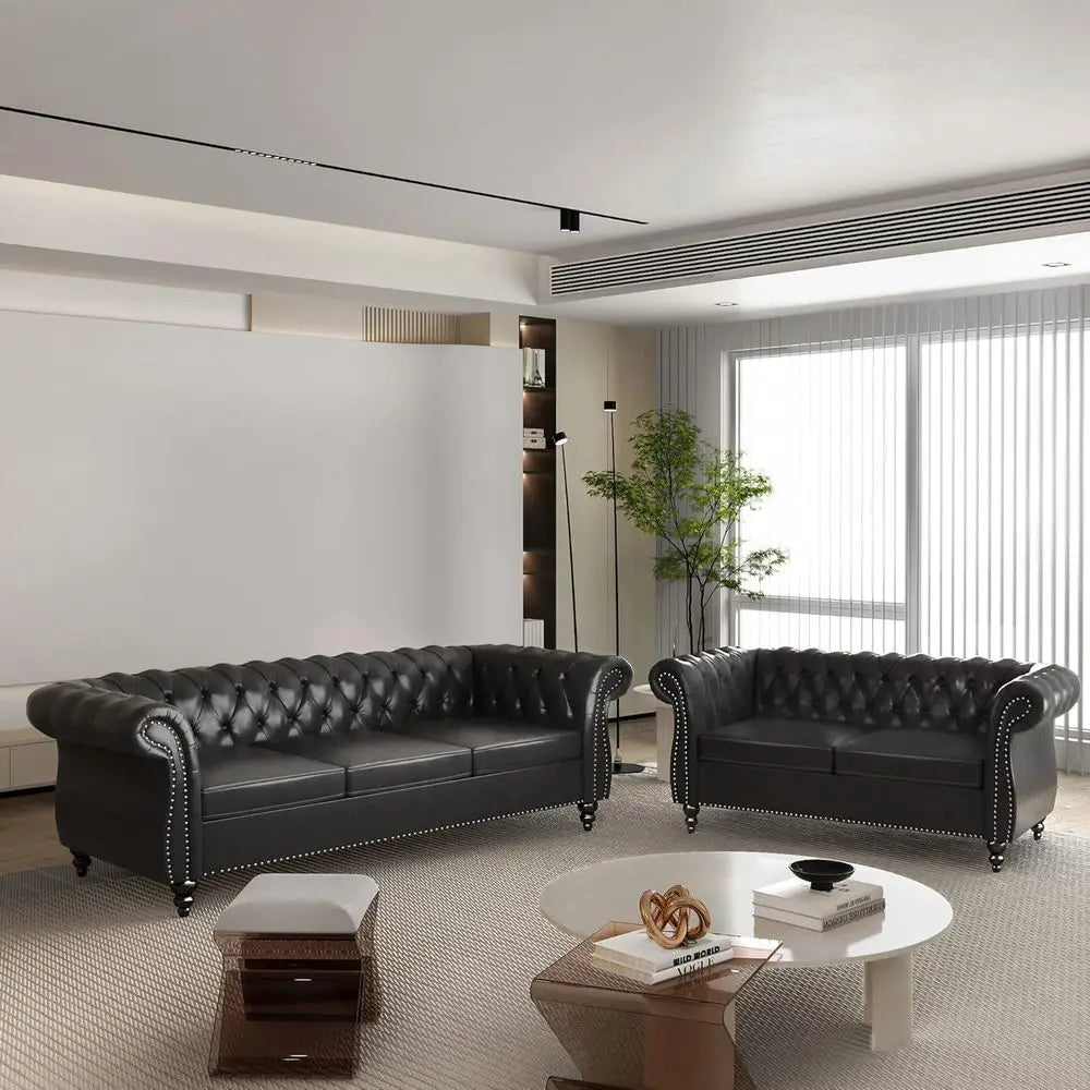 Chesterfield Leather Sofa and Loveseat 2-Piece Living Room Set