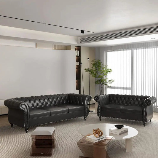 Chesterfield Leather Sofa and Loveseat 2-Piece Living Room Set