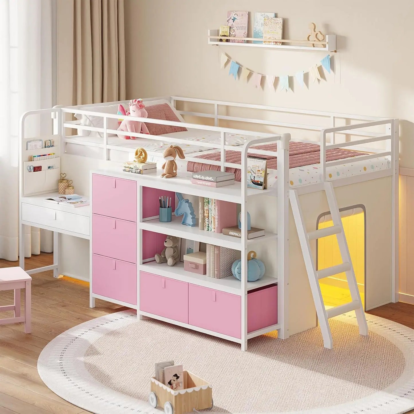 Kids Low Loft Bed With Desk Led Lights Storage Drawers