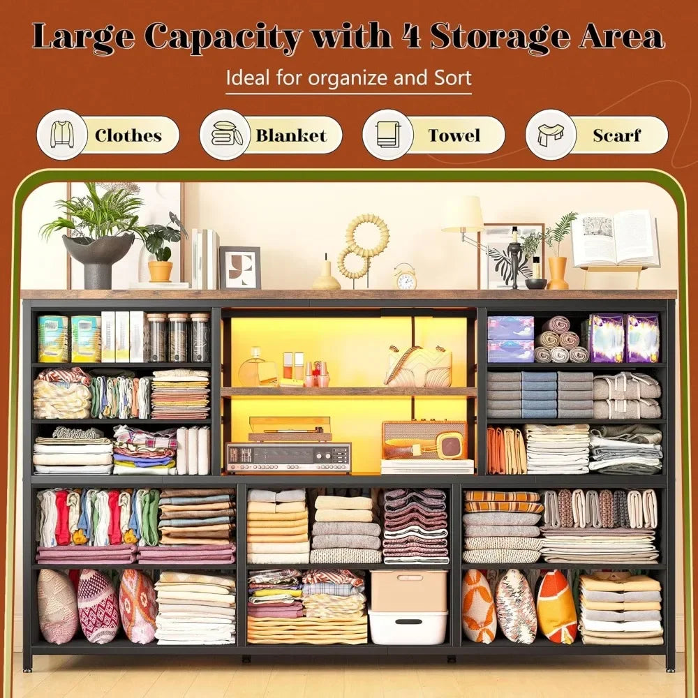 LED Light & Power Outlet Equipped 12-Drawer Dresser TV Stand for 60'' TV Bedroom Fabric Dressers  Chest for Storage Customized
