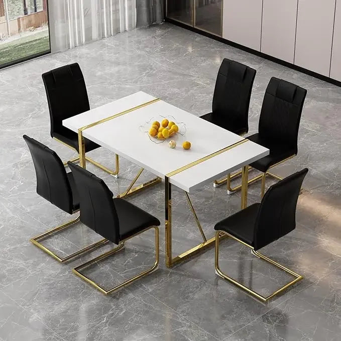 Dining Table Chairs Set For Six With PU Leather Upholstery