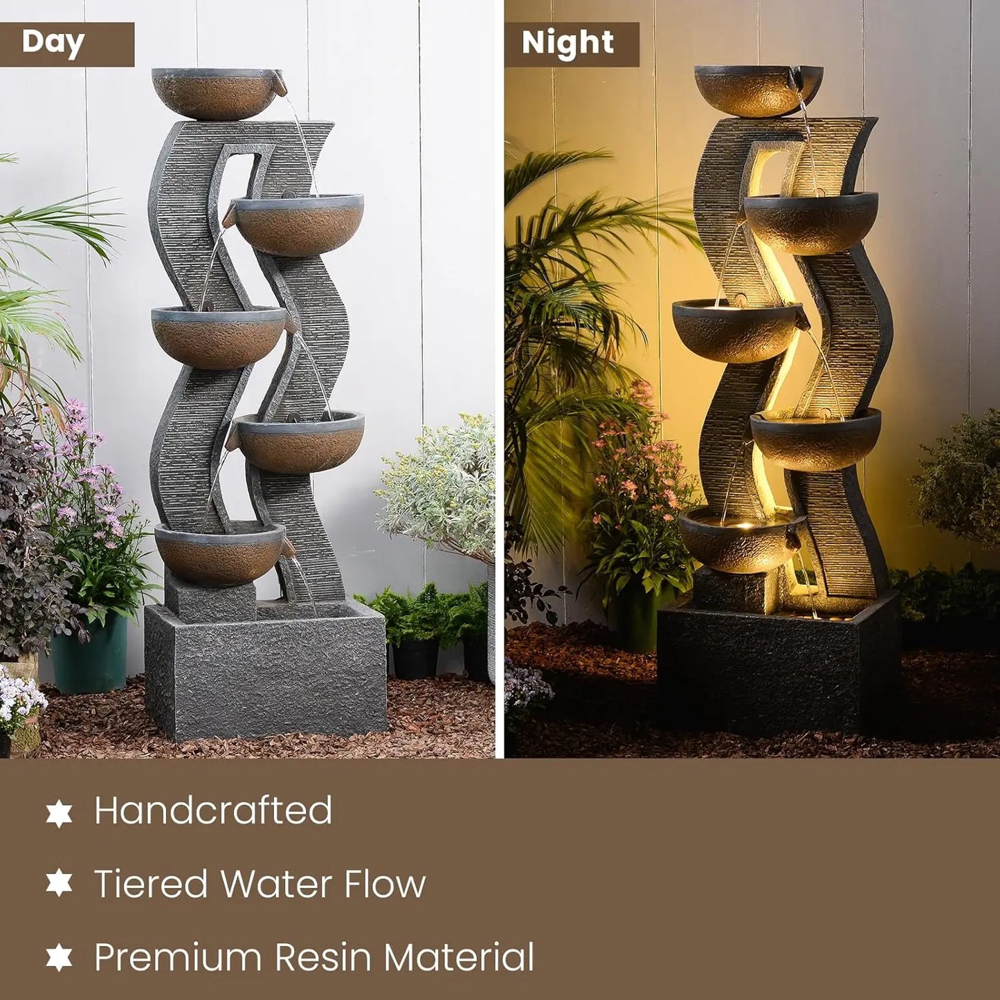 Outdoor Water Fountain With Lights Six Tier Cascading Resin