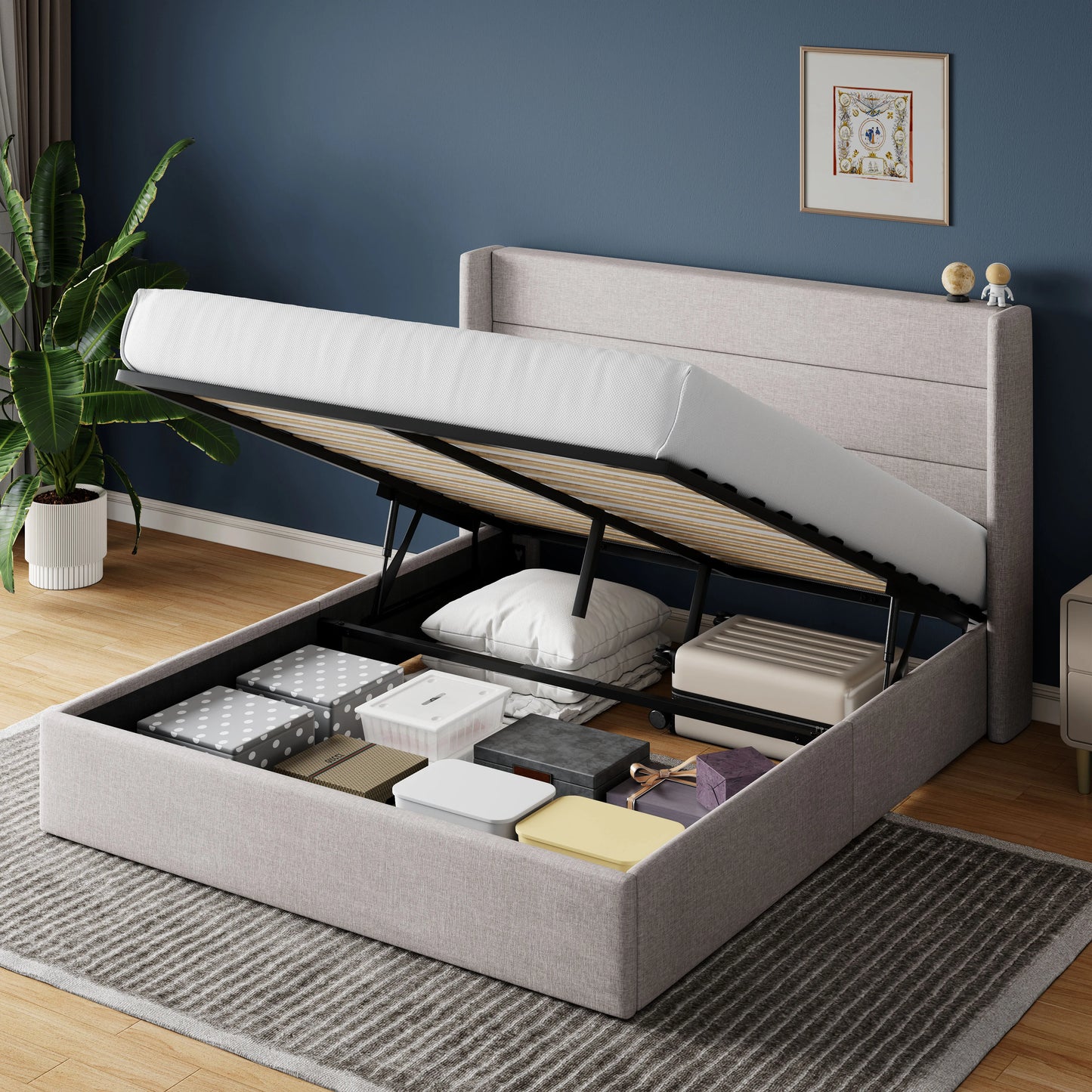 Allewie Lift Up Storage Bed With Wingback Headboard And Hydraulic System