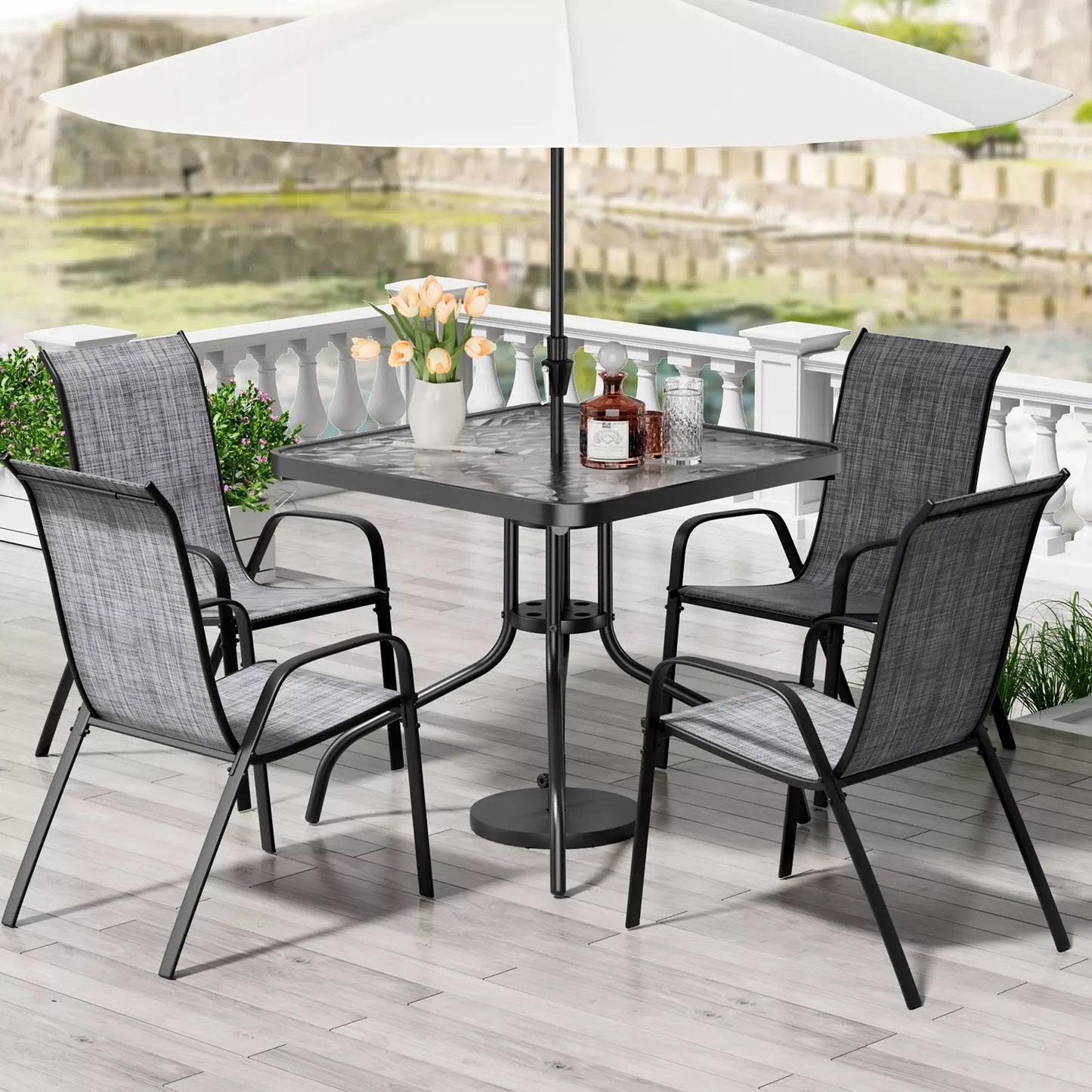 Patio Dining Set 5 Pieces All Weather Stackable Chairs