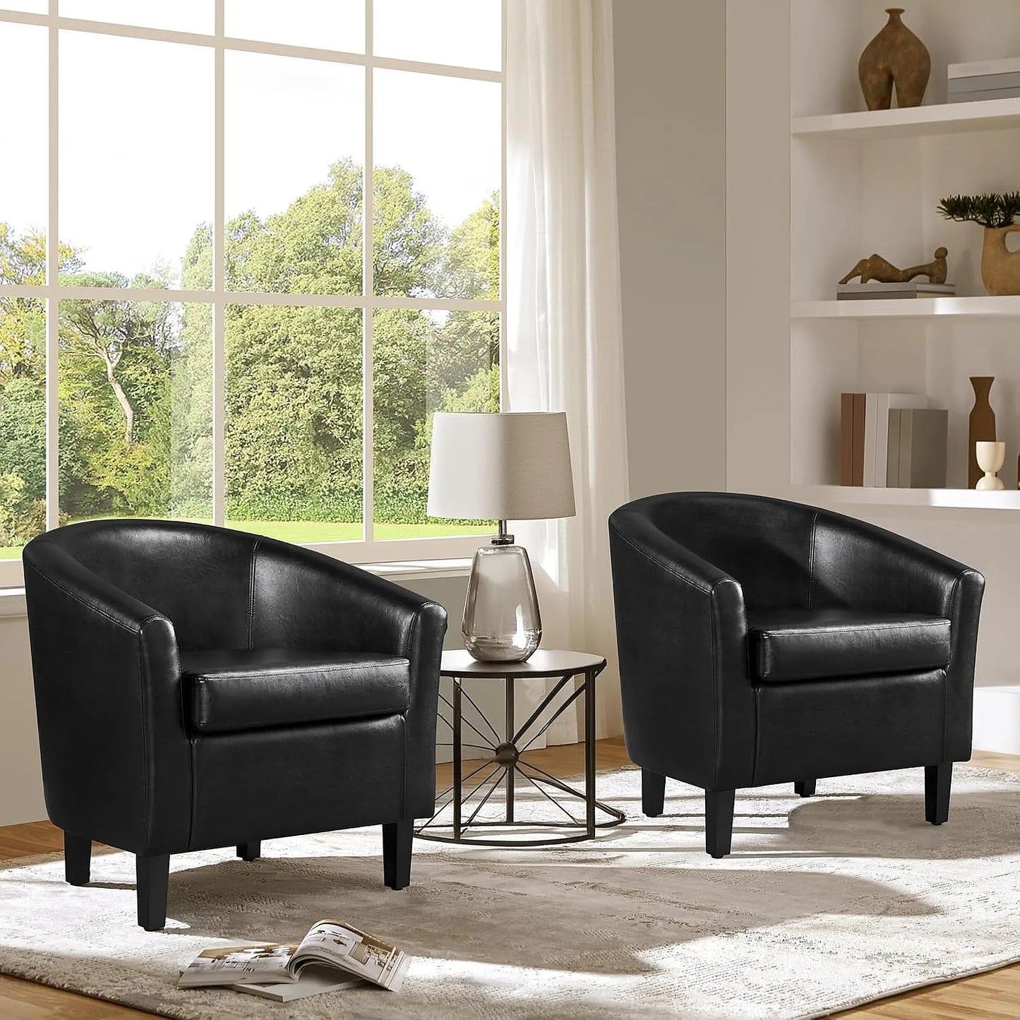 Barrel Chairs Set of 2 Faux Leather Club Armchairs PU Accent Chairs with Padded Seat for Living Room Black