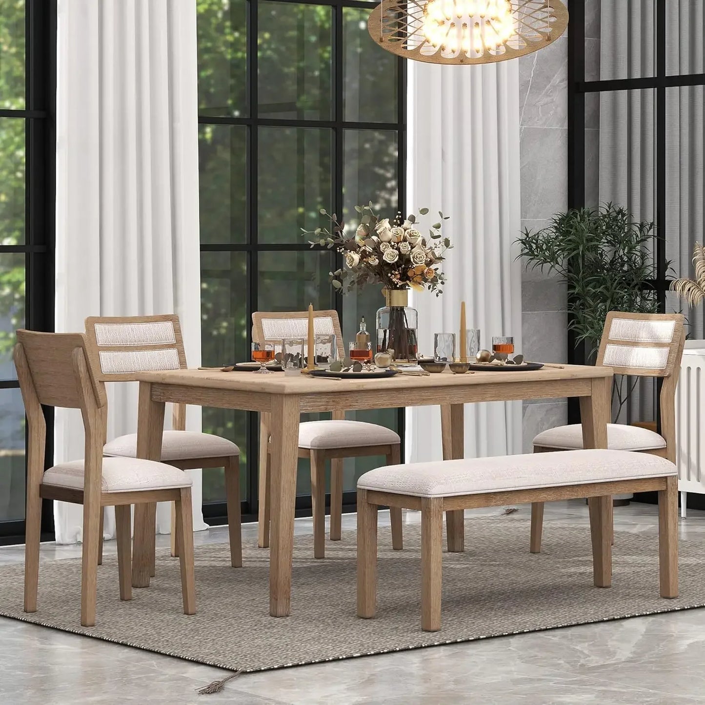 Solid Wood Dining Table Set for Six Bench and Chairs