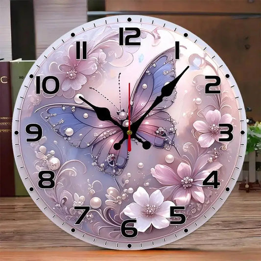 DIY Butterflies And Pearls Wooden Round Silent Hanging Wall Clock