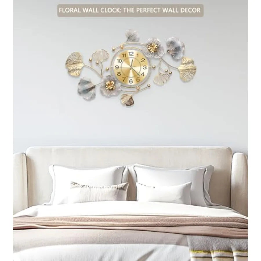 Retro Ginkgo Leaf Metal Wall Clock With Silent 3D Mechanism