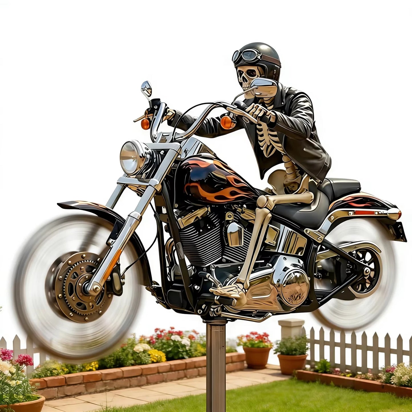 Skeleton Biker Wind Spinner With Rotating Wheel Metal Pinwheel Outdoor Decor