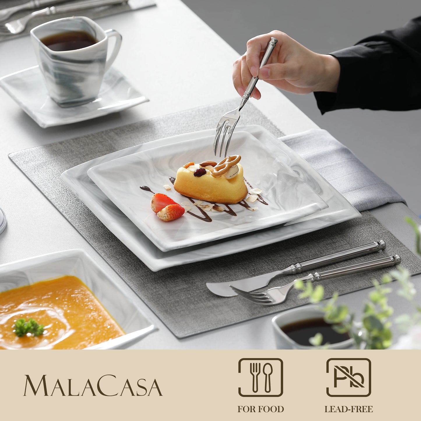 MALACASA Porcelain Dinnerware Set Includes Plates Cups Saucers For 12