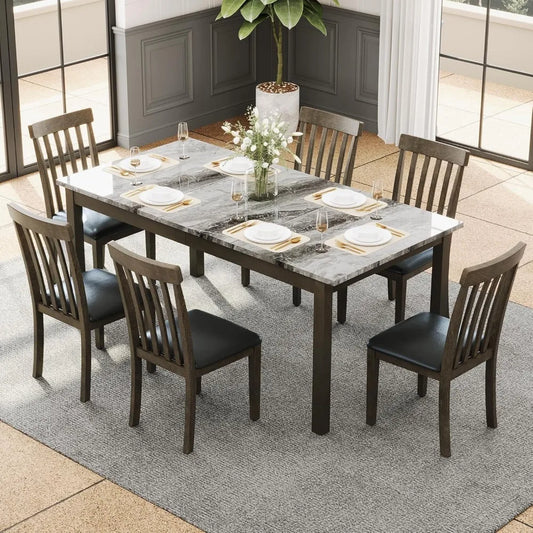 Farmhouse 7-Piece Dining Table Set With 6 PU Leather Chairs