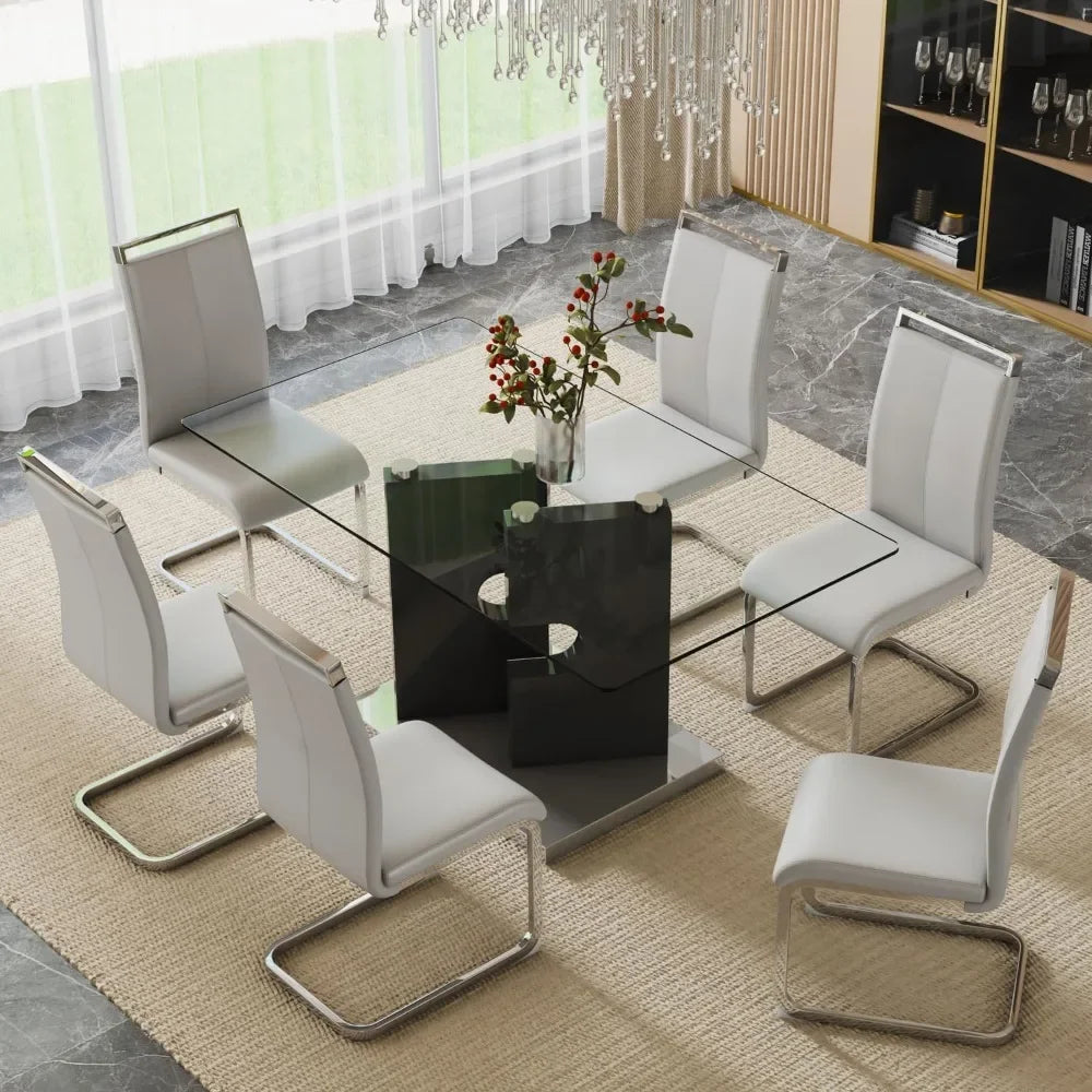 7 Piece Dining Set With Tempered Glass Table And Chairs