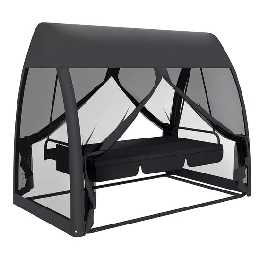 3 Seat Patio Swing Chair With Convertible Backrest And Canopy