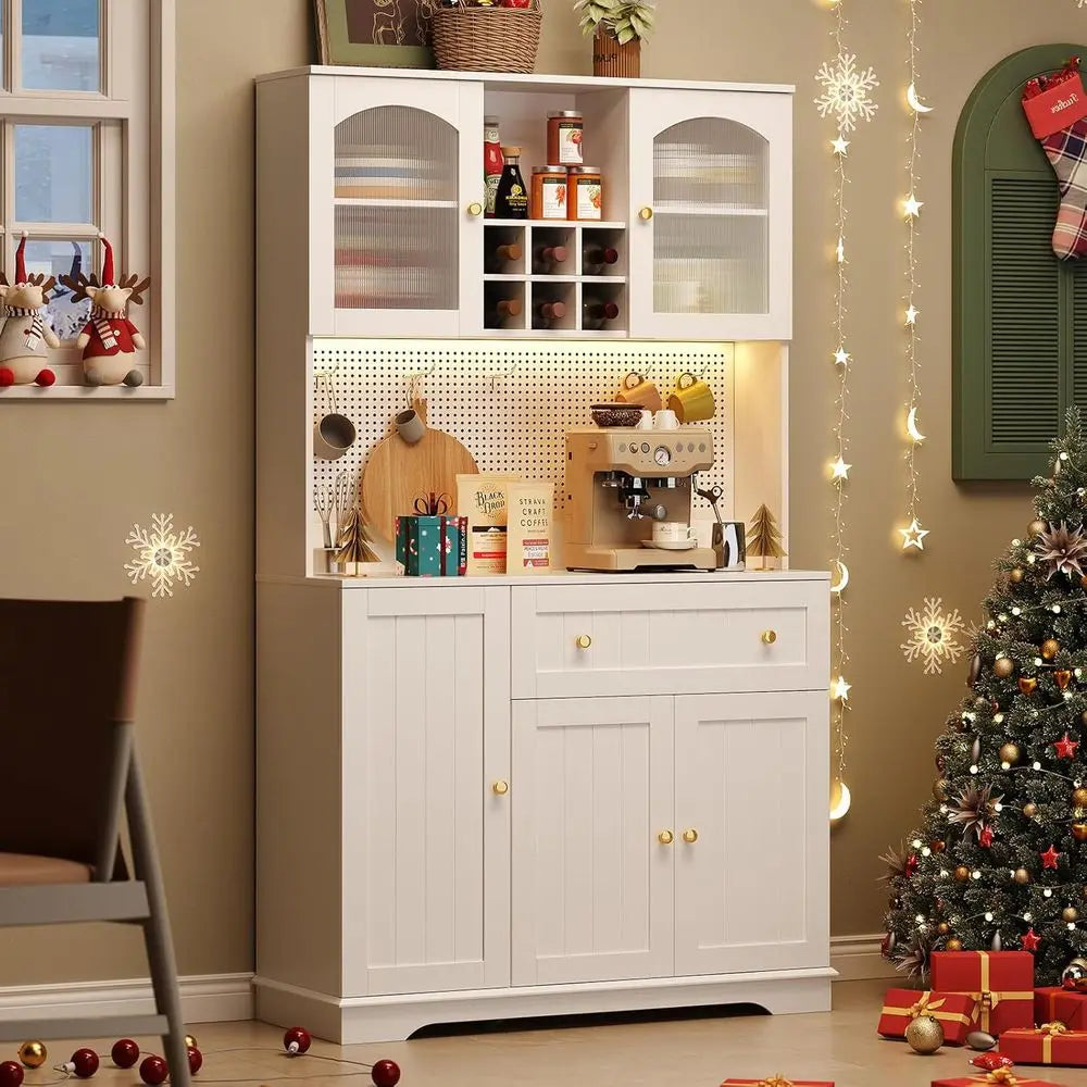 68 Kitchen Pantry Cabinet with Microwave Shelf, Door Storage, LED Lighting, and Wine Rack