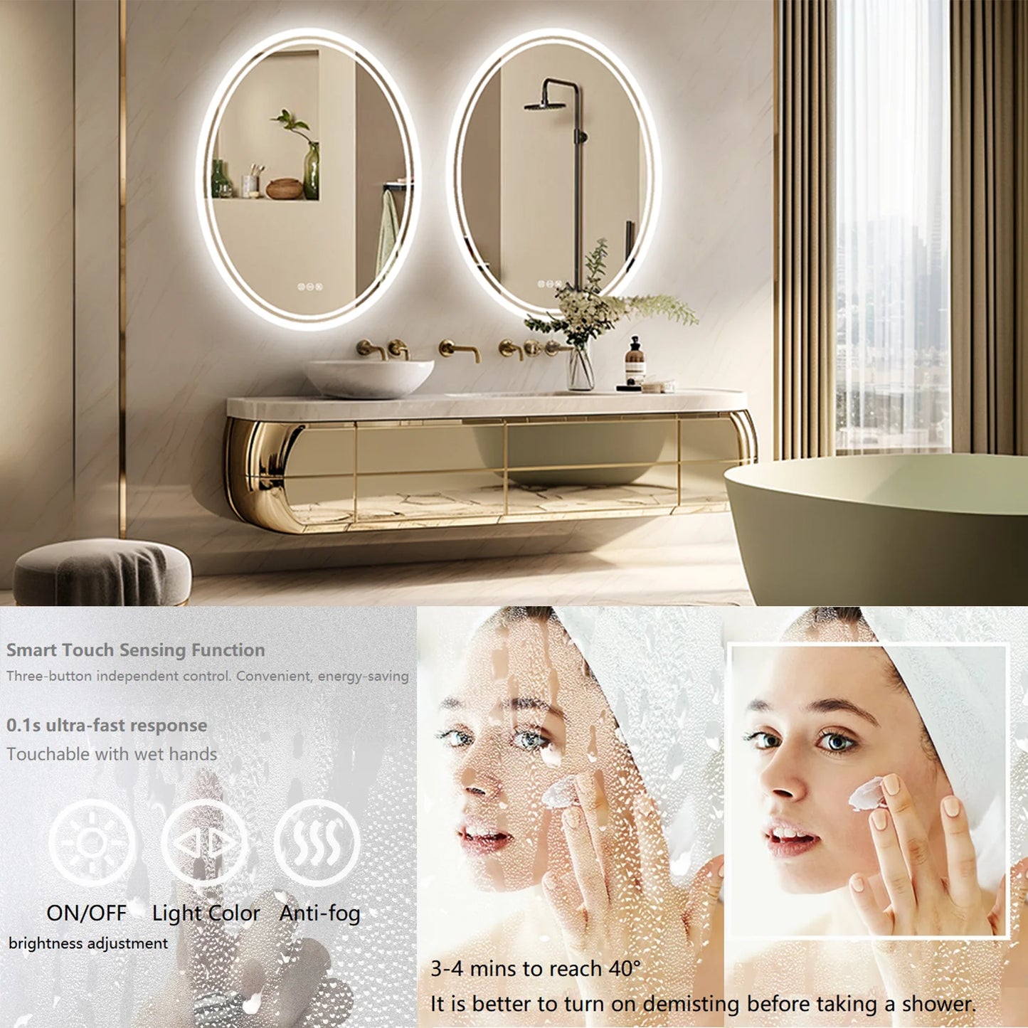 LED Backlit Round Vanity Mirror With Dimmable Lights Anti Fog