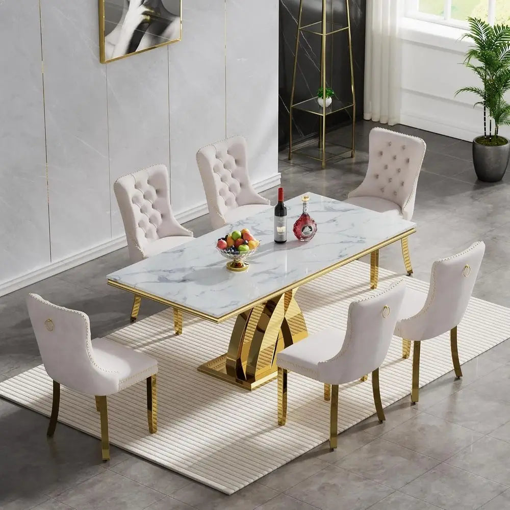 7-Piece Dining Set With Chairs And Marble-Look Table