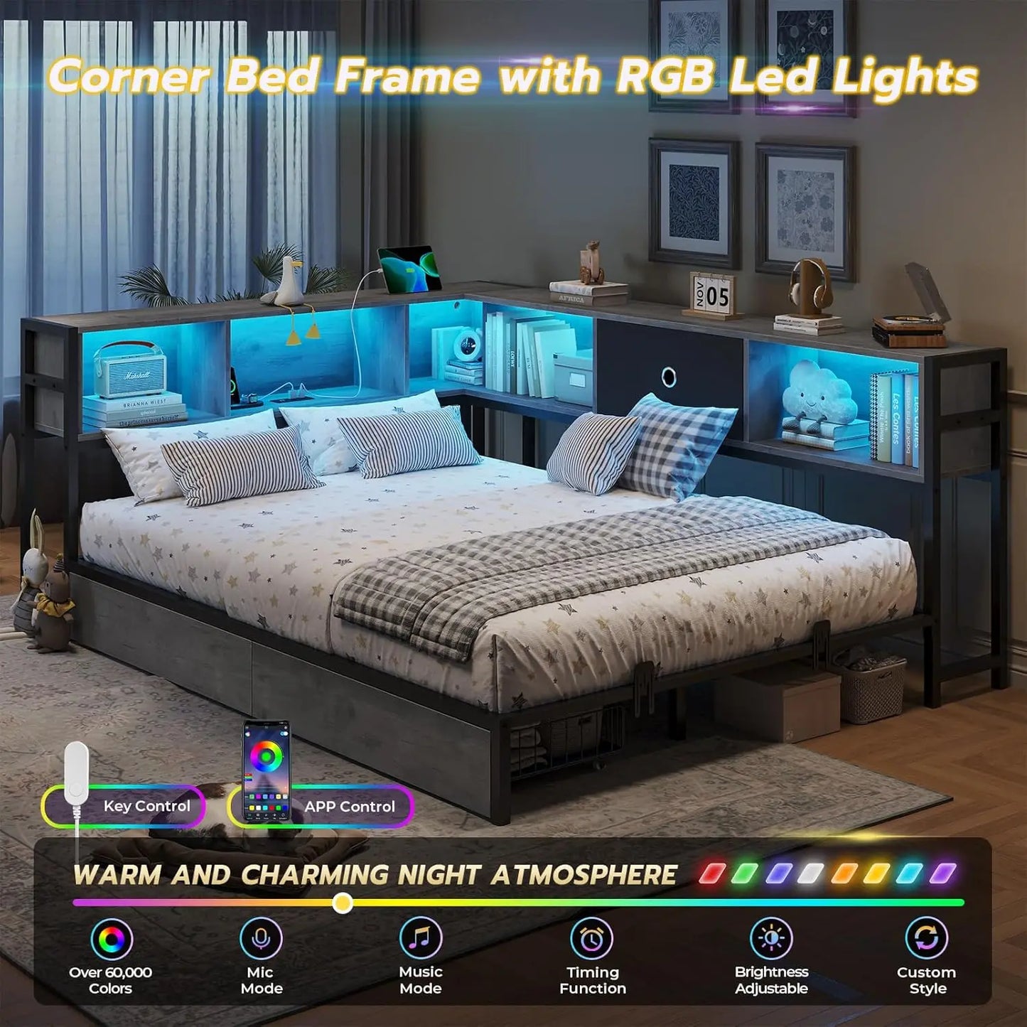 Corner Full Bed Frame With LED Bookcase And Charging Station Daybed