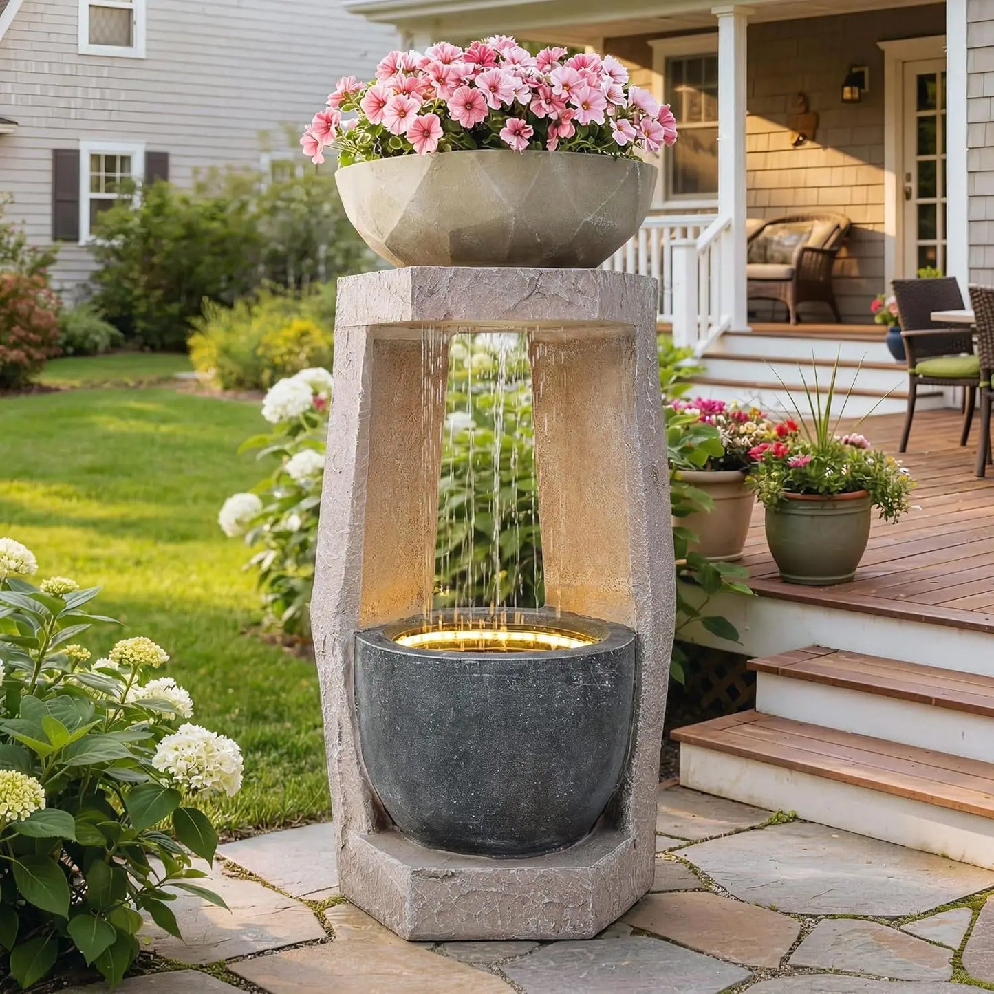 Outdoor Fountain Modern Geometric Two Bowls Water Feature LED Lights
