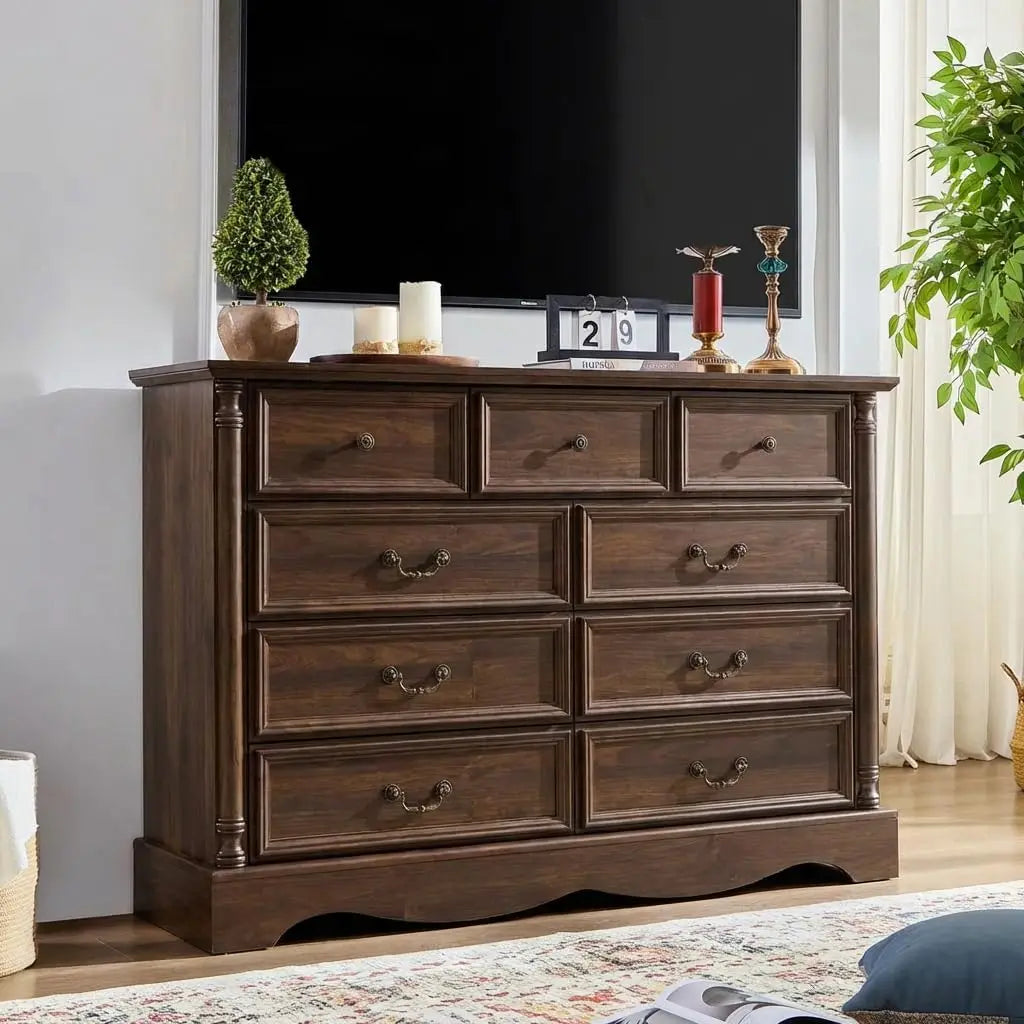 Farmhouse 9 Drawers Dresser for Bedroom with Charging Station, 54" Wide Wood Country Rustic Storage Dressers Organizer
