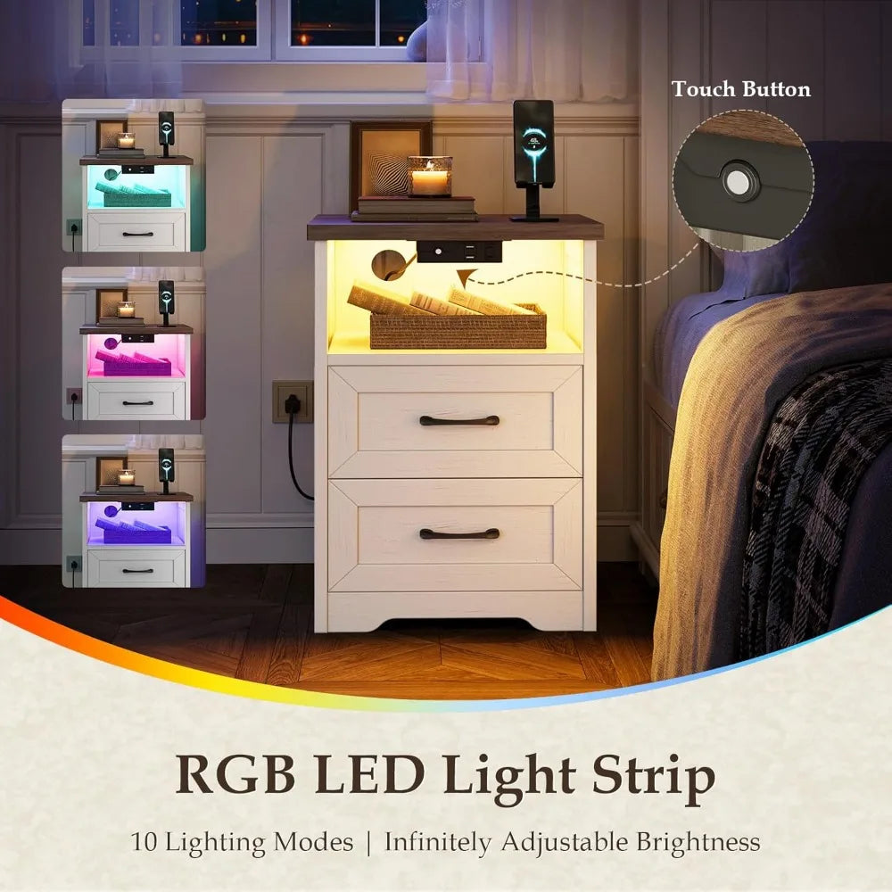 Farmhouse Nightstand Set of 2 With LED Lights and USB