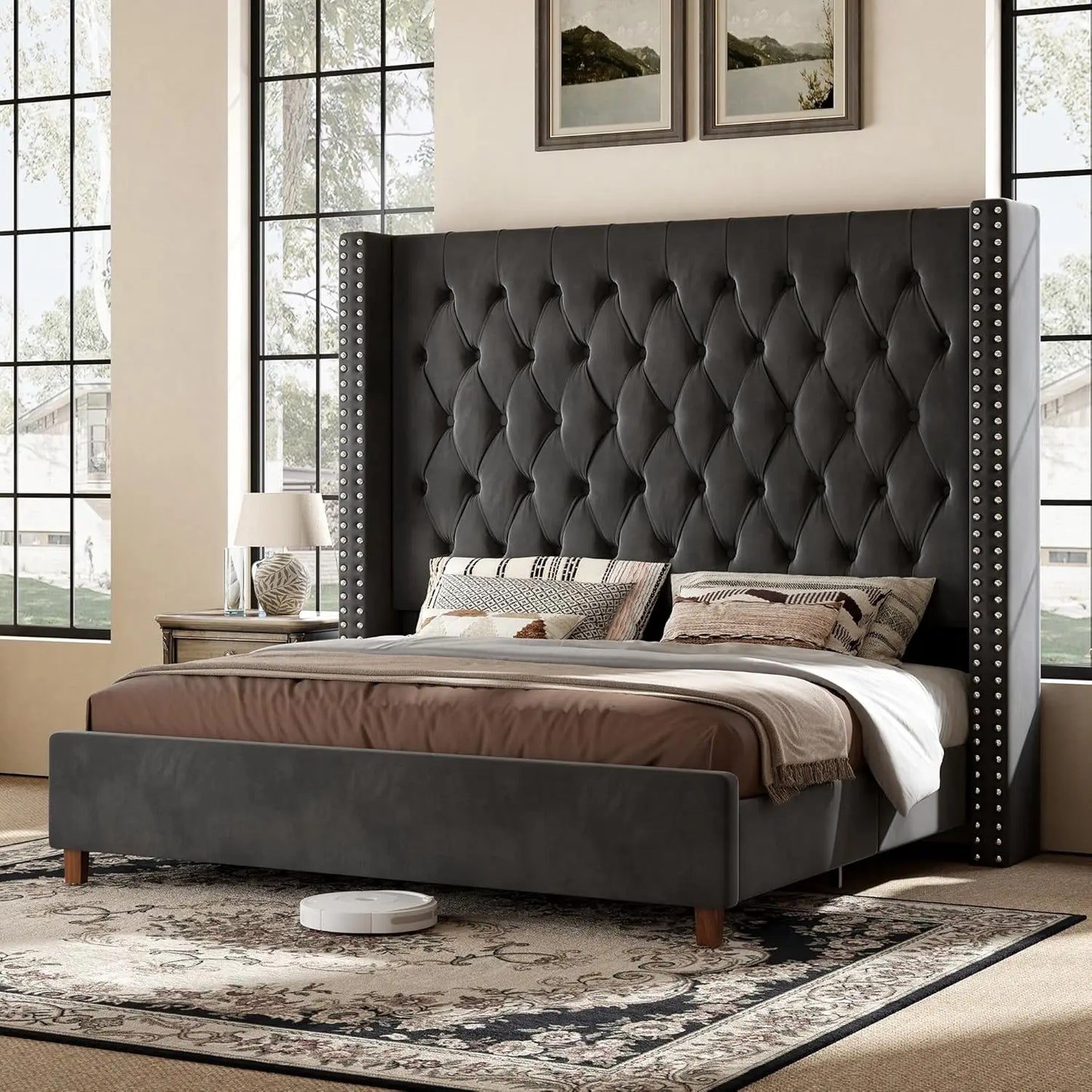Velvet Platform Bed Frame With Tufted Headboard No Box Spring