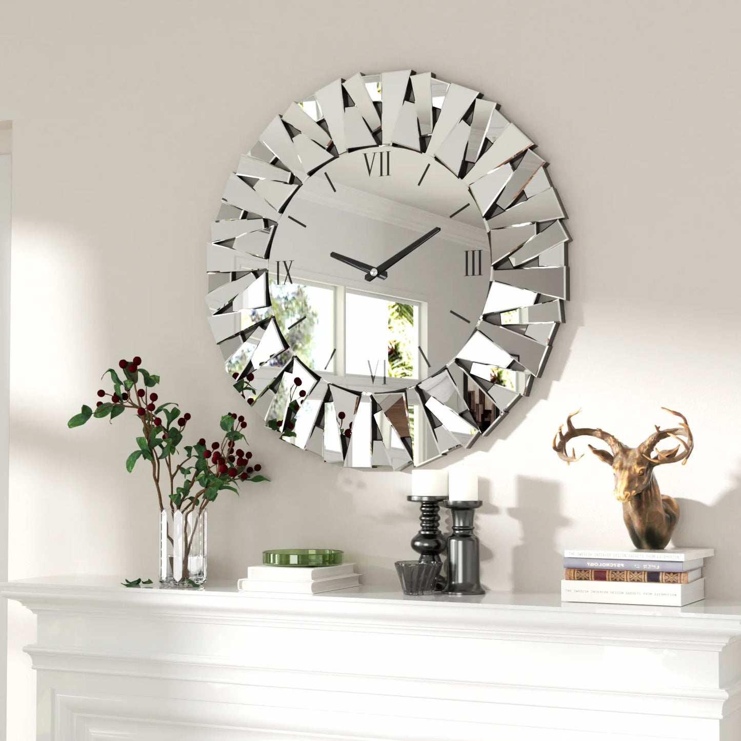 Wall Clock Round With Beveled Glass Edge And Mirrored Finish