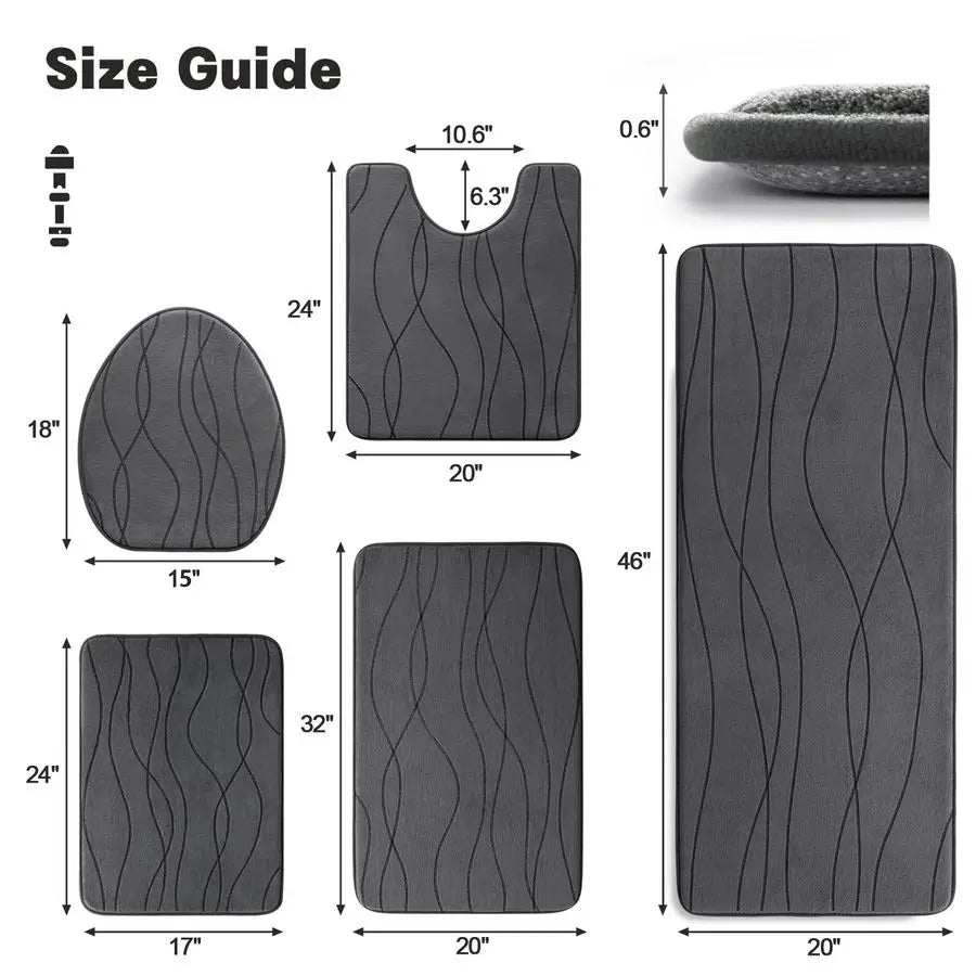 Memory Foam Bathroom Rug Set 5-Piece Ultra Absorbent Non-Slip Machine-Washable