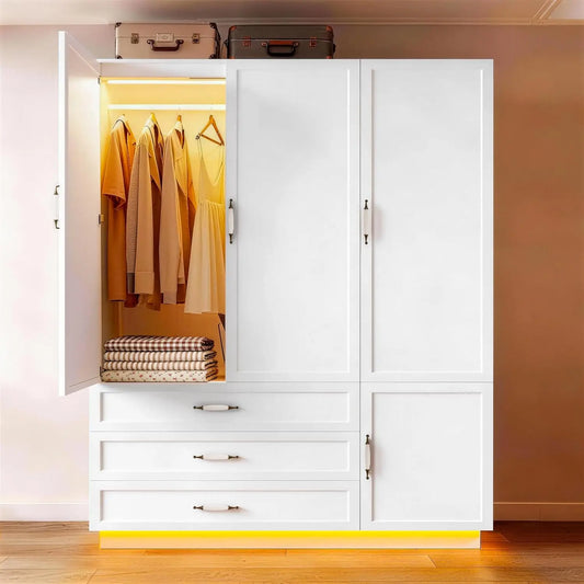 Wooden Armoire Wardrobe With LED Lighting And 3 Drawers