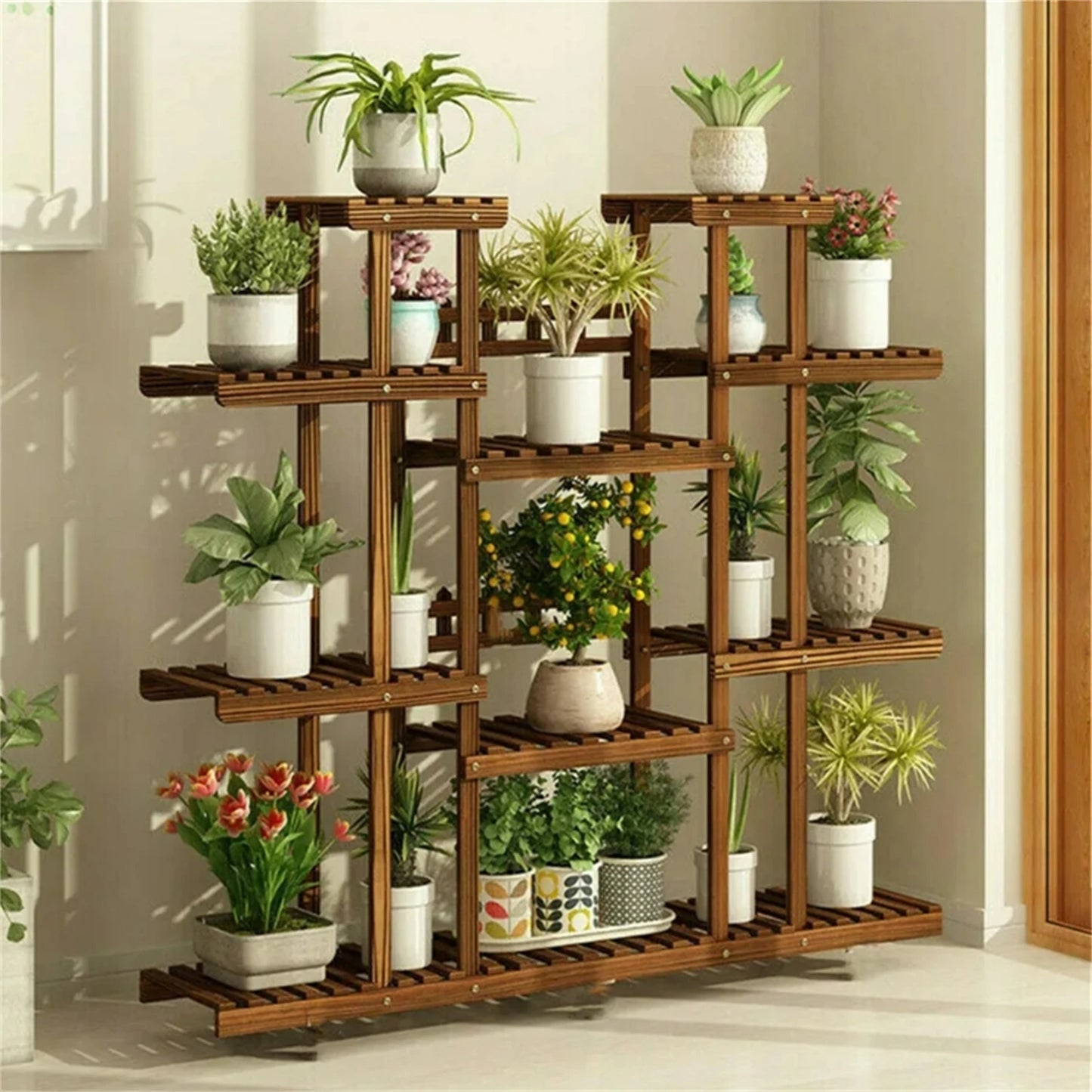 11 Tier Wood Plant Stand Carbonized Display Shelf Garden Decor