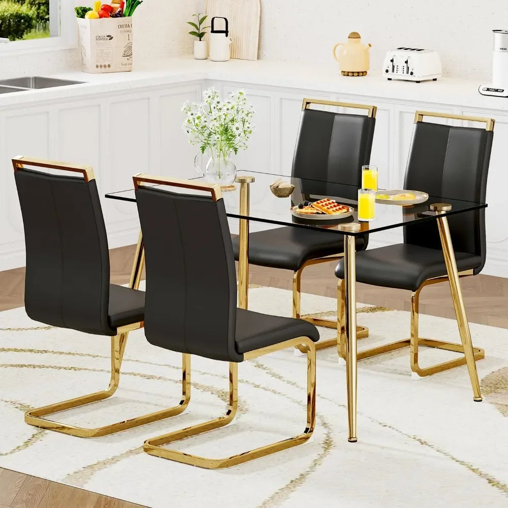 5 Piece Dining Set With Tempered Glass Table PU Chairs