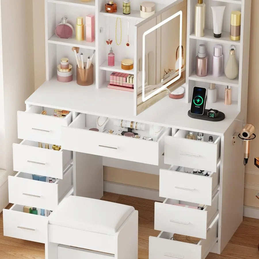 Makeup Vanity Desk With Mirror Lights And Hidden Jewelry Storage