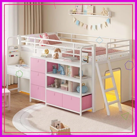 Kids Low Loft Bed With Desk Led Lights Storage Drawers