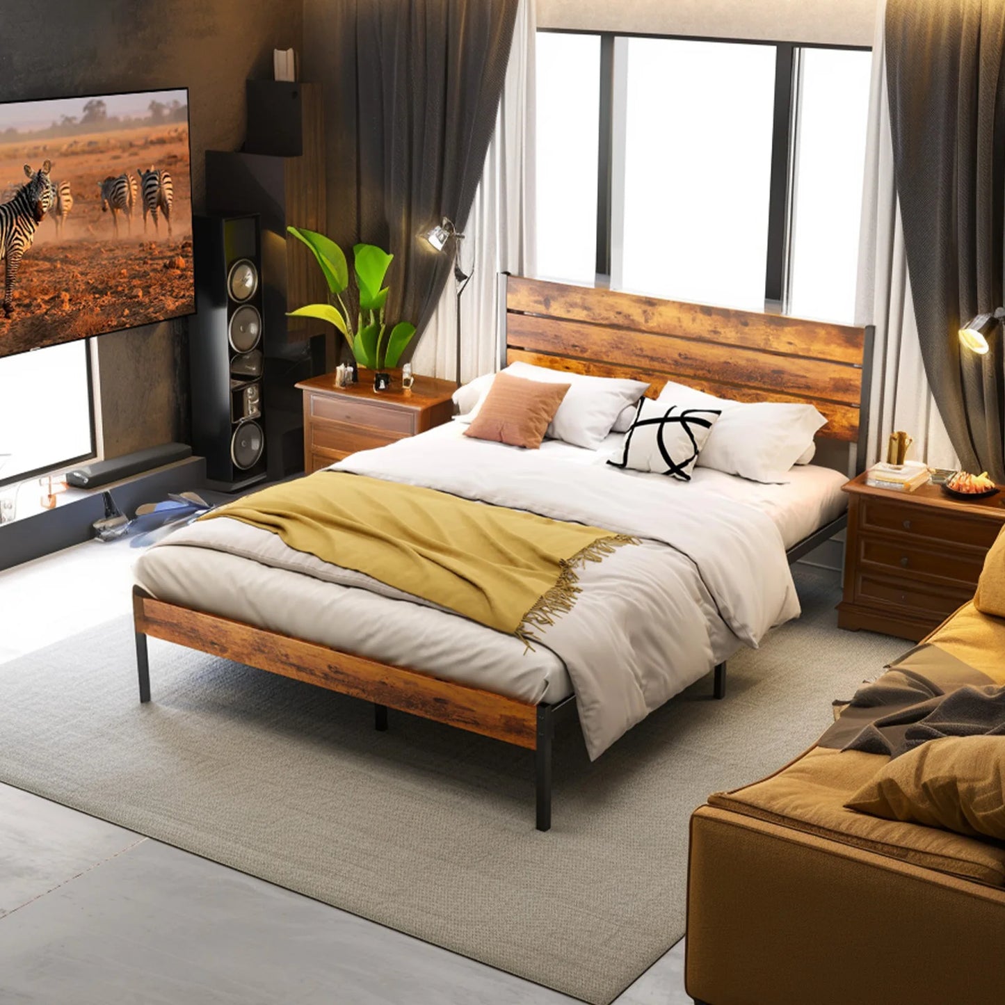JHK Metal Platform Bed Frame With Headboard And Footboard Sturdy Slats