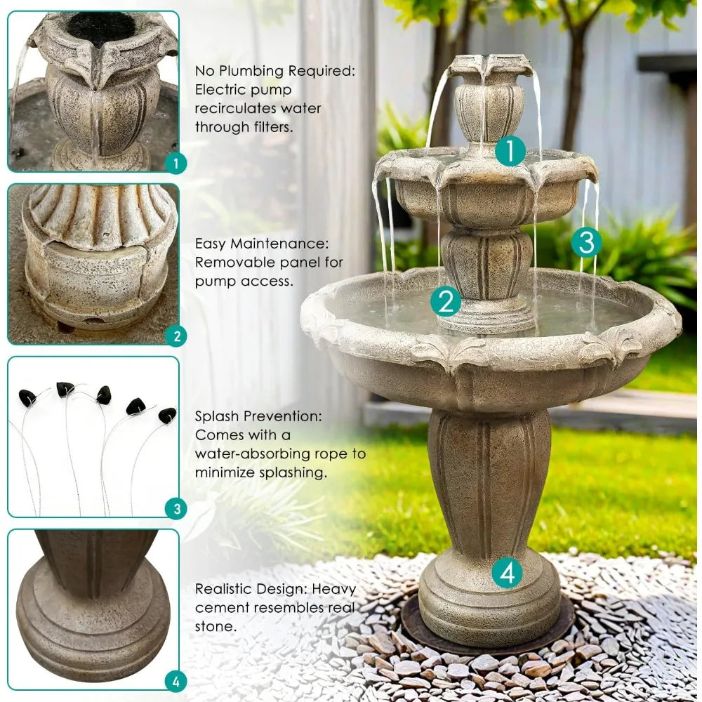 Modern Concrete Outdoor Water Fountain Three Tier With Electric Pump