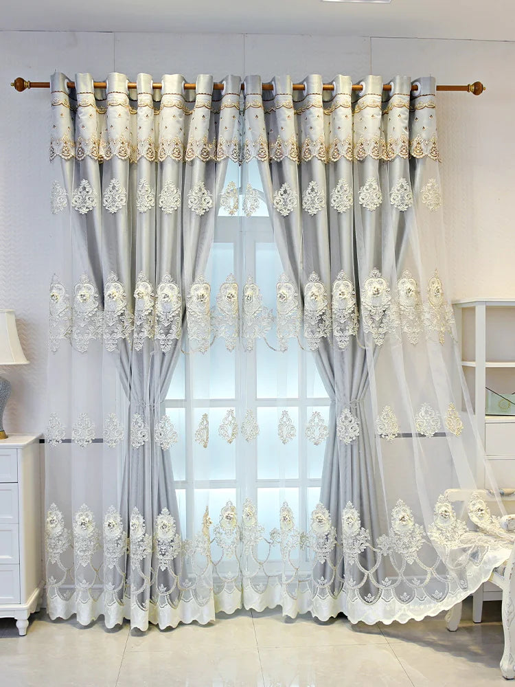 Elegant Double Layer Blackout Curtains With 3D Embroidery