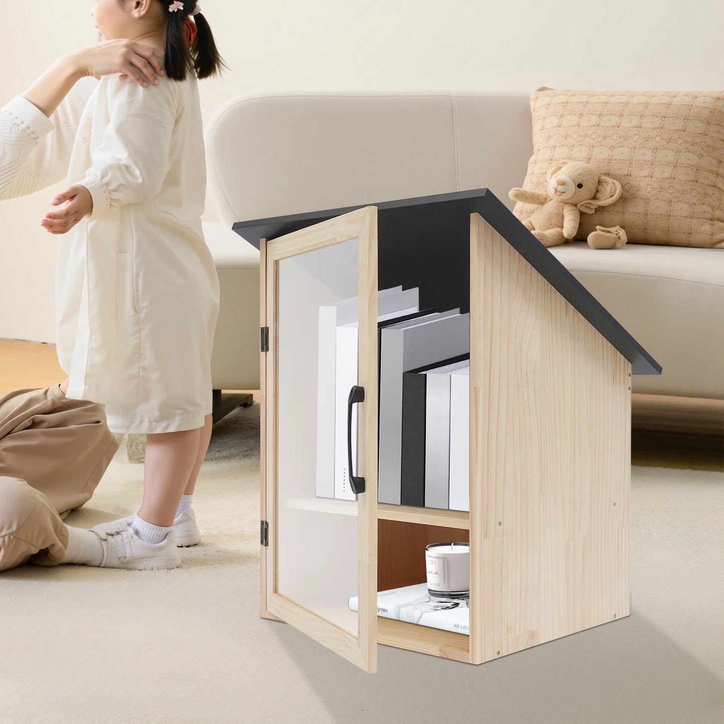 DIY Pine & Acrylic Display Bookcase, Modern 2-Tier Cabinet with Door for Books & Crafts, 16x23 Inch for Living Room School