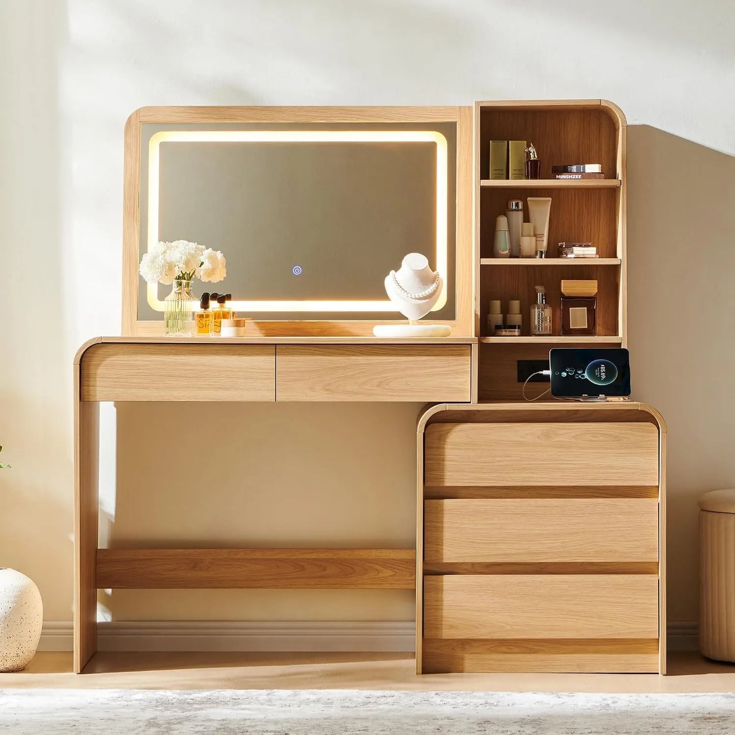 Modern Makeup Vanity With LED Mirror And Five Drawers