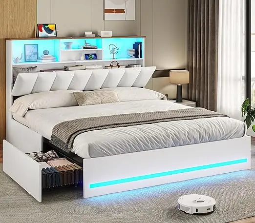 Bed Frame With Bookcase Headboard LED Lights And Charging Station