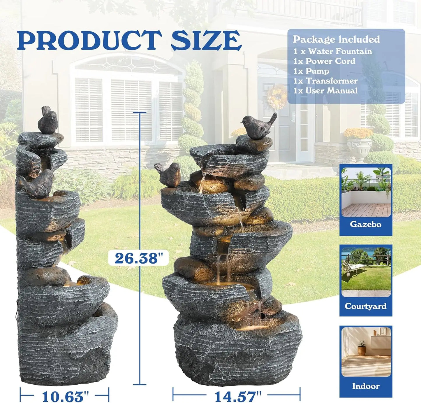 5-Tier Cascading Rock Water Fountain With LED Lights