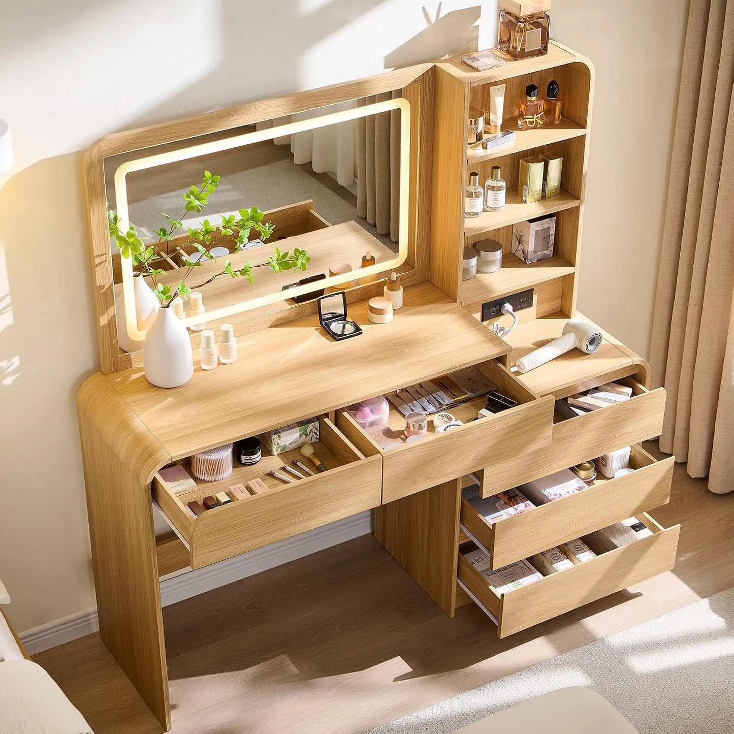 Modern Makeup Vanity With LED Mirror And Five Drawers