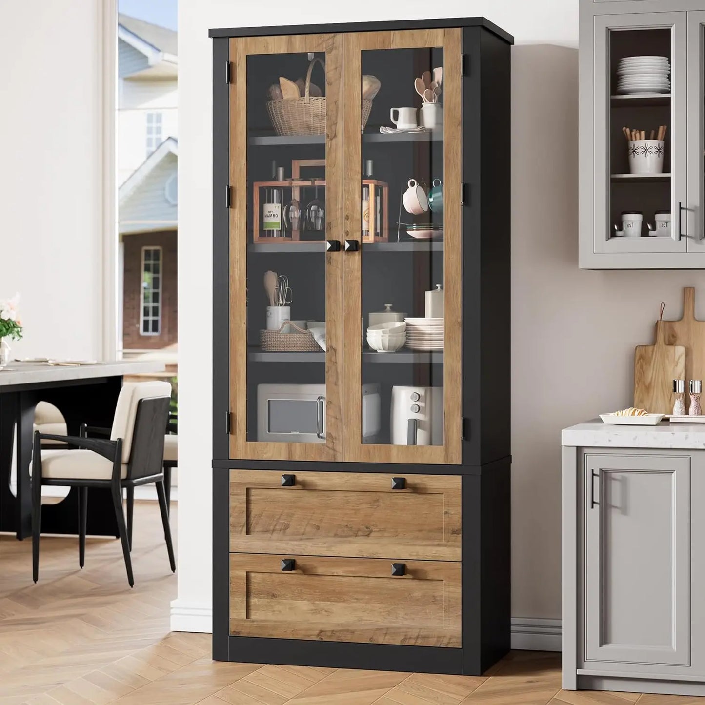 Modern Kitchen Pantry Cabinet with Glass Doors,72" Tall 2 Large Drawers,Adjustable Shelves,Durable MDF Storage Sideboard