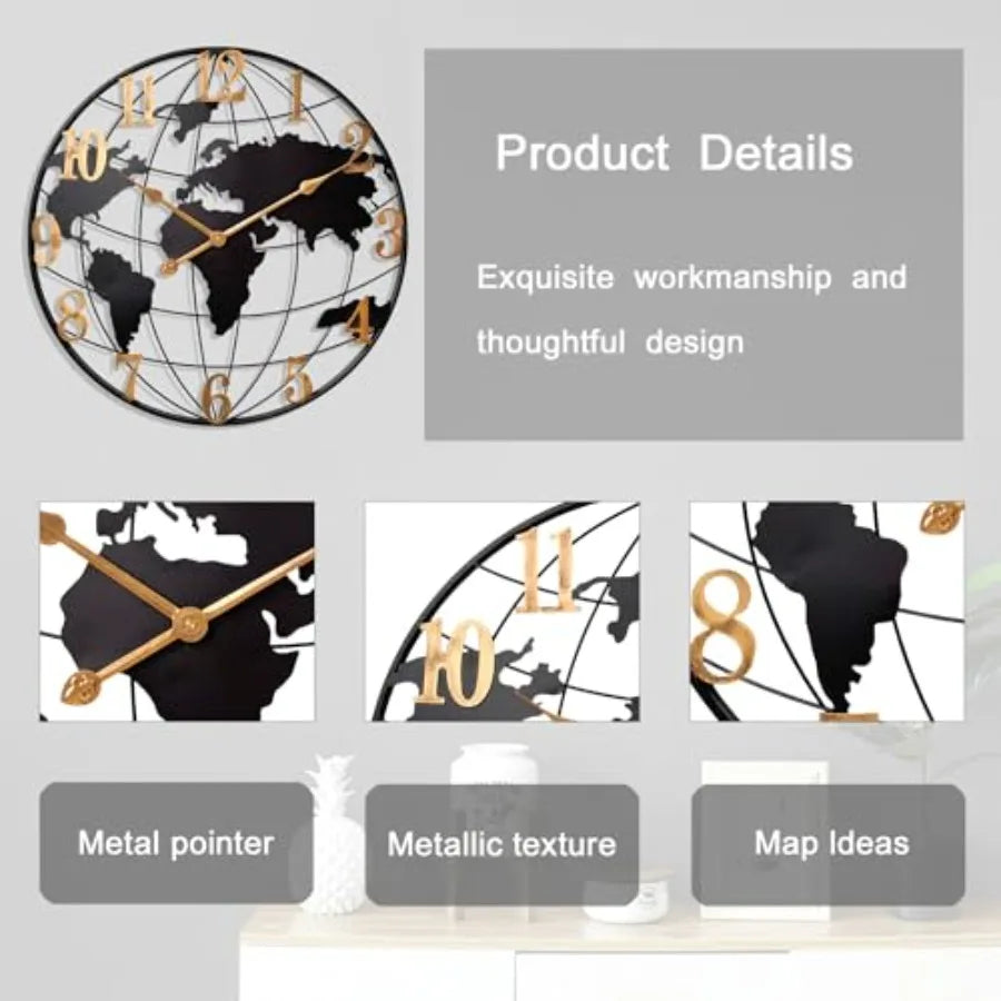 World Map Wall Clock Metal Minimalist Modern Design