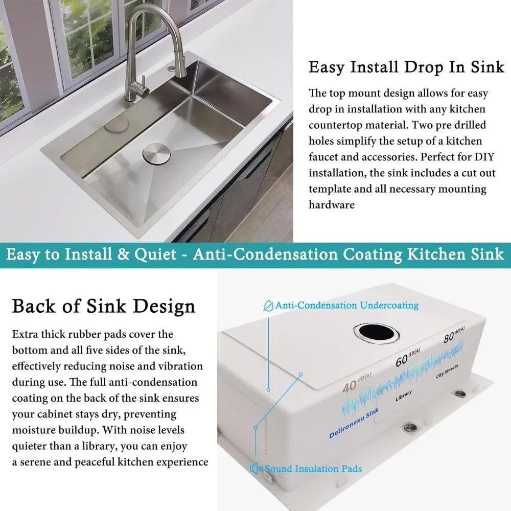 XMSJ Drop-In Kitchen Sink 16-Gauge Stainless Steel