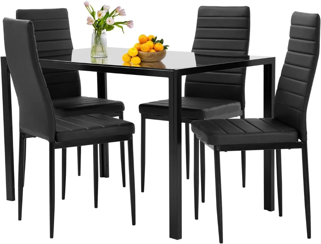 FDW 5-Piece Glass Top Dining Table Set with Upholstered Chairs